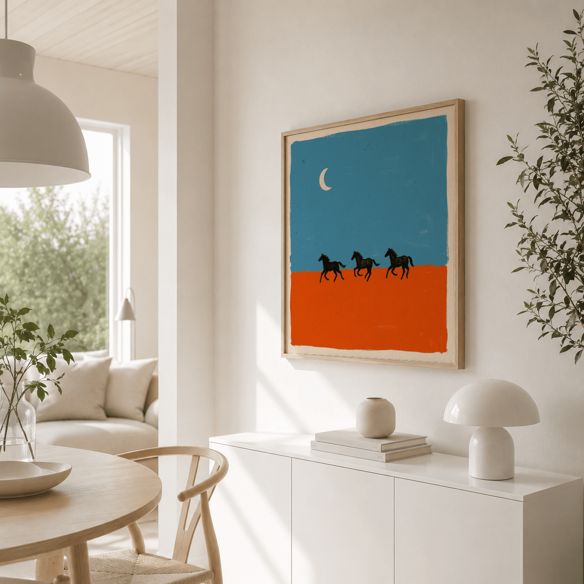 Textured minimalist wall art poster showing a line of three horses moving left to right