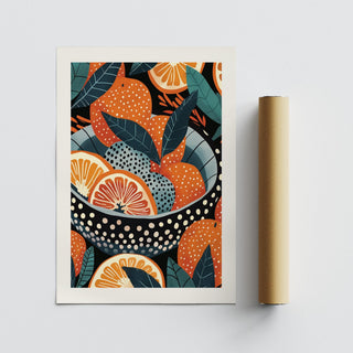 Still life bowl of oranges art print inspired by Yayoi Kusama patterns.