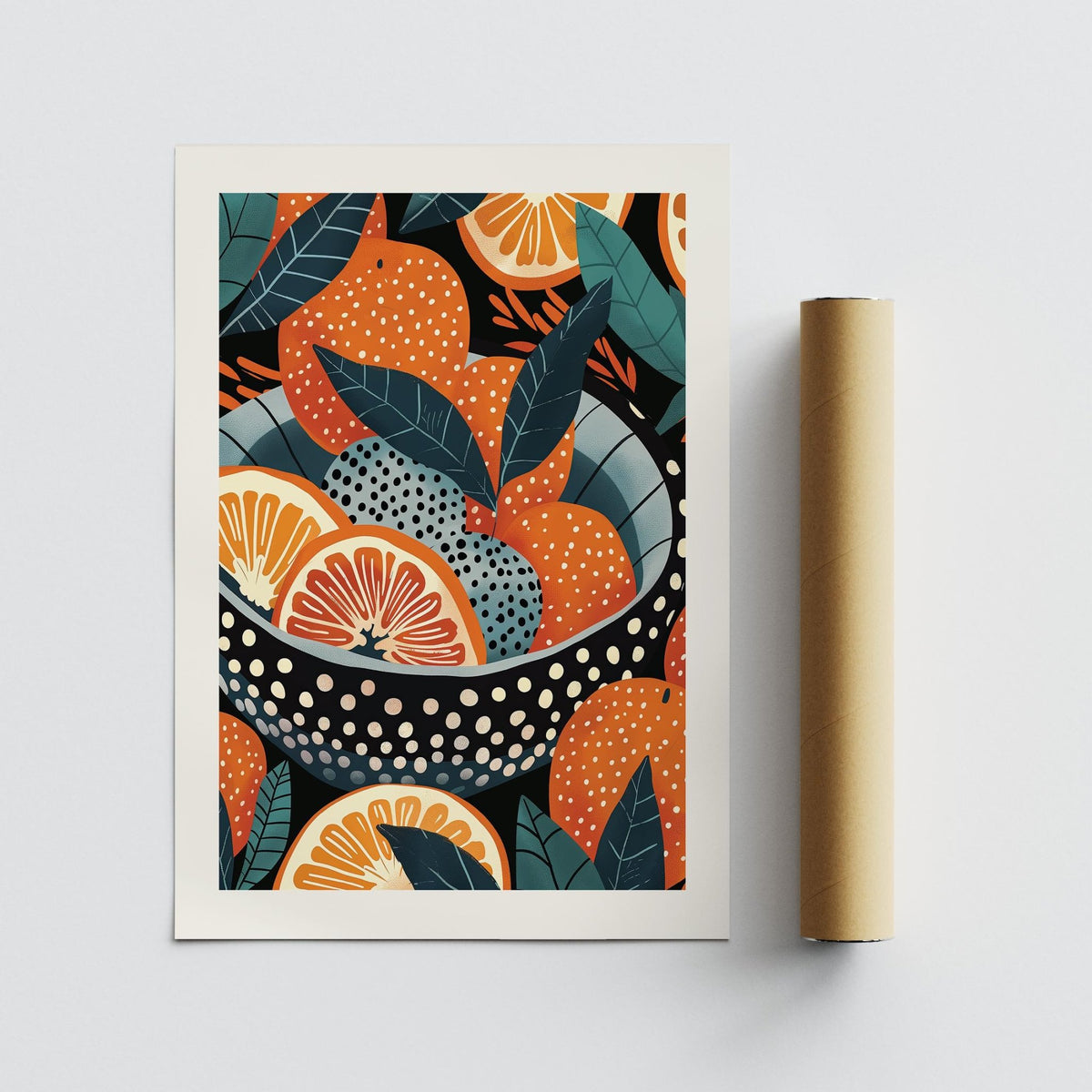 Still life bowl of oranges art print inspired by Yayoi Kusama patterns.