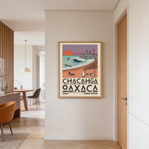 Silhouetted surfers waiting offshore in vintage travel illustration