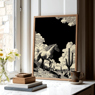 Black and white desert scene poster featuring textured ground and tall cacti