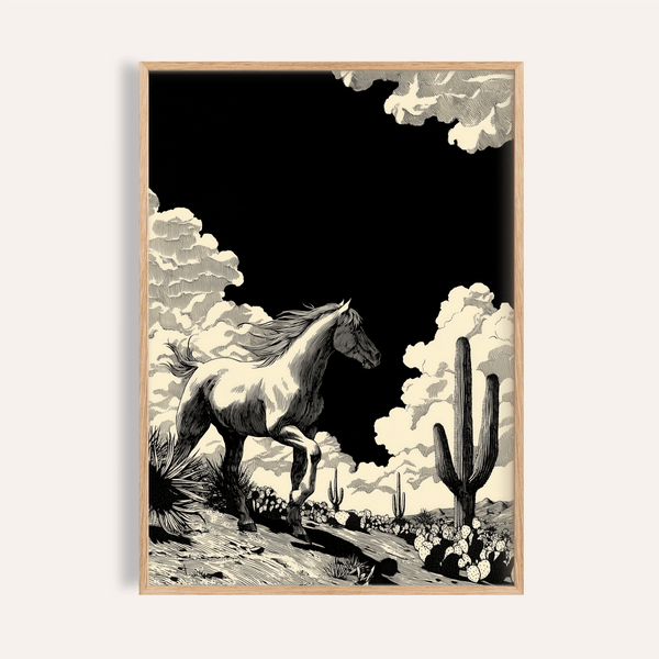 Ink-style illustration of a galloping horse amid desert cacti and layered clouds
