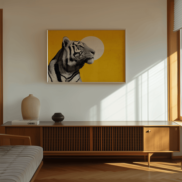 Landscape Tiger Wall Art, modern Yellow and Beige tones for den wall art