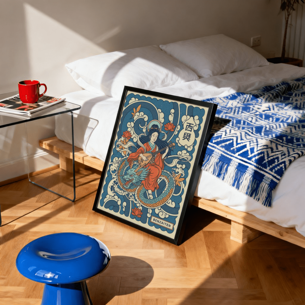 Graphic print featuring lotus blossoms, swirling clouds, and patterned dragon scales