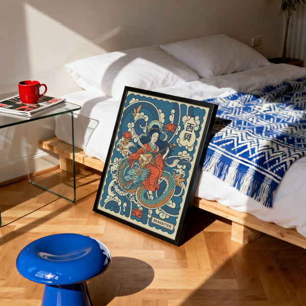 Graphic print featuring lotus blossoms, swirling clouds, and patterned dragon scales