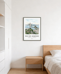 Modern travel print with watercolor bay view and large RIO DE JANEIRO text