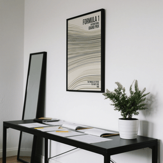 Racing Wall Art displayed above sofa highlighting bold sans serif lettering