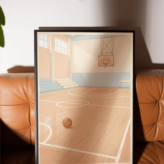 Vintage Basketball Wall Art depiction of a quiet indoor court with stepped bleachers