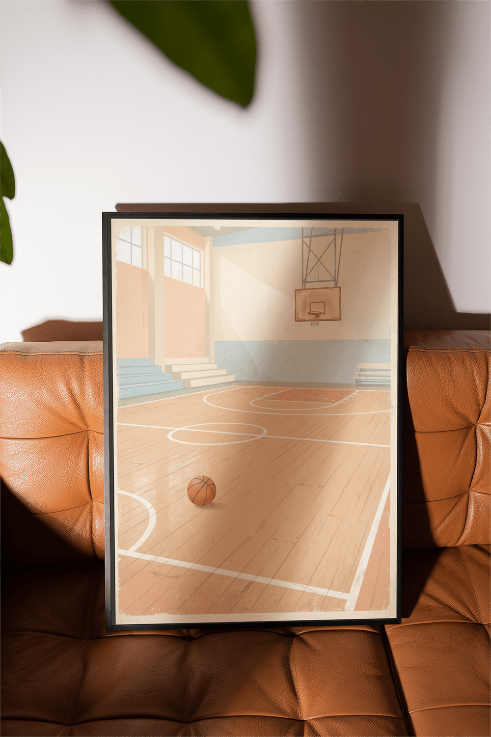 Vintage Basketball Wall Art depiction of a quiet indoor court with stepped bleachers