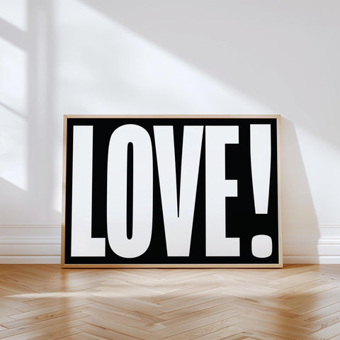 Minimalist LOVE typography poster with bold black and white design.