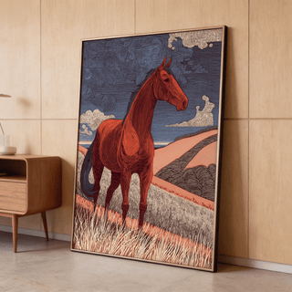 Graphic scene of Horse Line Art with swirling sky and patterned fields
