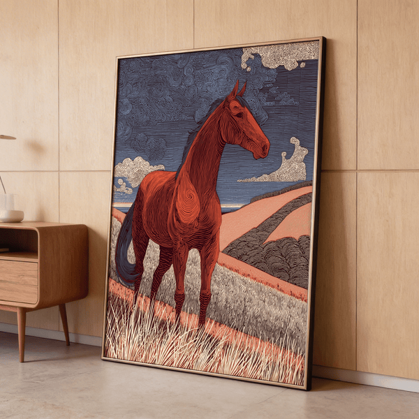 Graphic scene of Horse Line Art with swirling sky and patterned fields