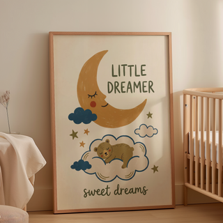 Whimsical bedtime-themed wall art print with crescent moon face and scattered stars
