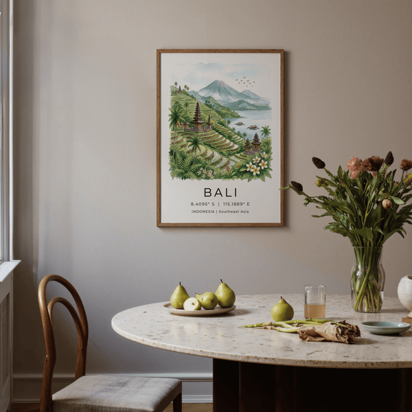 Overview scene with fishing boats on still water and distant mountain
