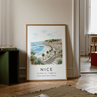 French Riviera balcony scene in Nice Coastal Art Print format