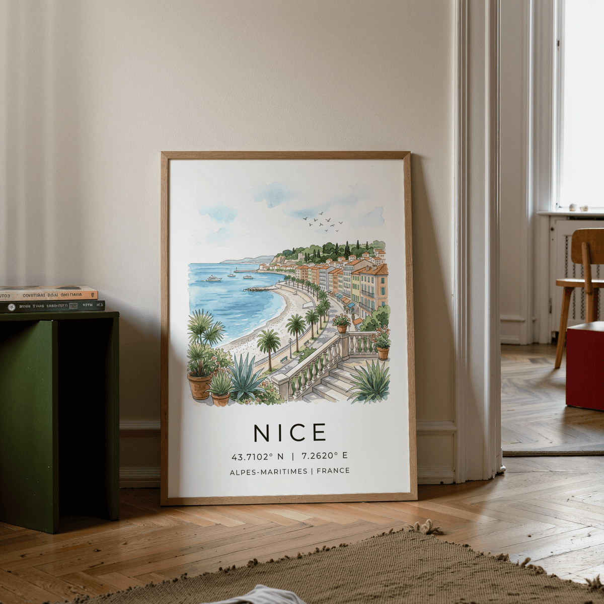 French Riviera balcony scene in Nice Coastal Art Print format