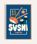 Sushi Wall Art in Blue, Orange, Pink, White for kitchen poster decor