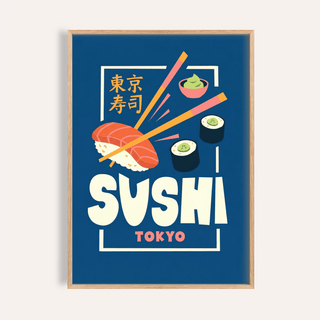 Framed close-up of sushi wall art with a navy background and bold cream and red text