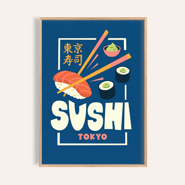 Sushi Wall Art in Blue, Orange, Pink, White for kitchen poster decor