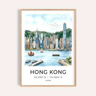 Framed print close-up of Hong Kong skyline art print in watercolour with blue and green tones