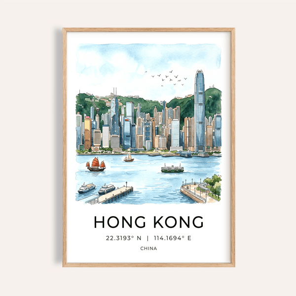 Watercolor Hong Kong Skyline Art Print poster with harbor boats and hills