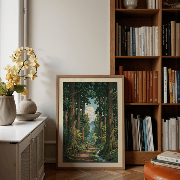 Detailed Forest Path Wall Art print featuring tall trees framing a pathway and a narrow creek
