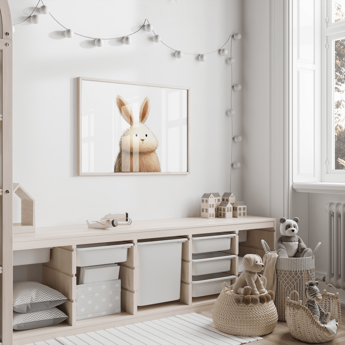 Cute Rabbit Wall Art for baby’s nursery in Beige and White art print