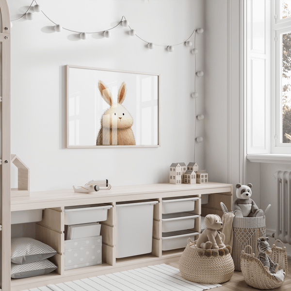 Cute Rabbit Wall Art for baby’s nursery in Beige and White art print