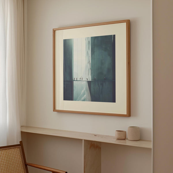 Visionary city print with human figures in a surreal high-rise setting