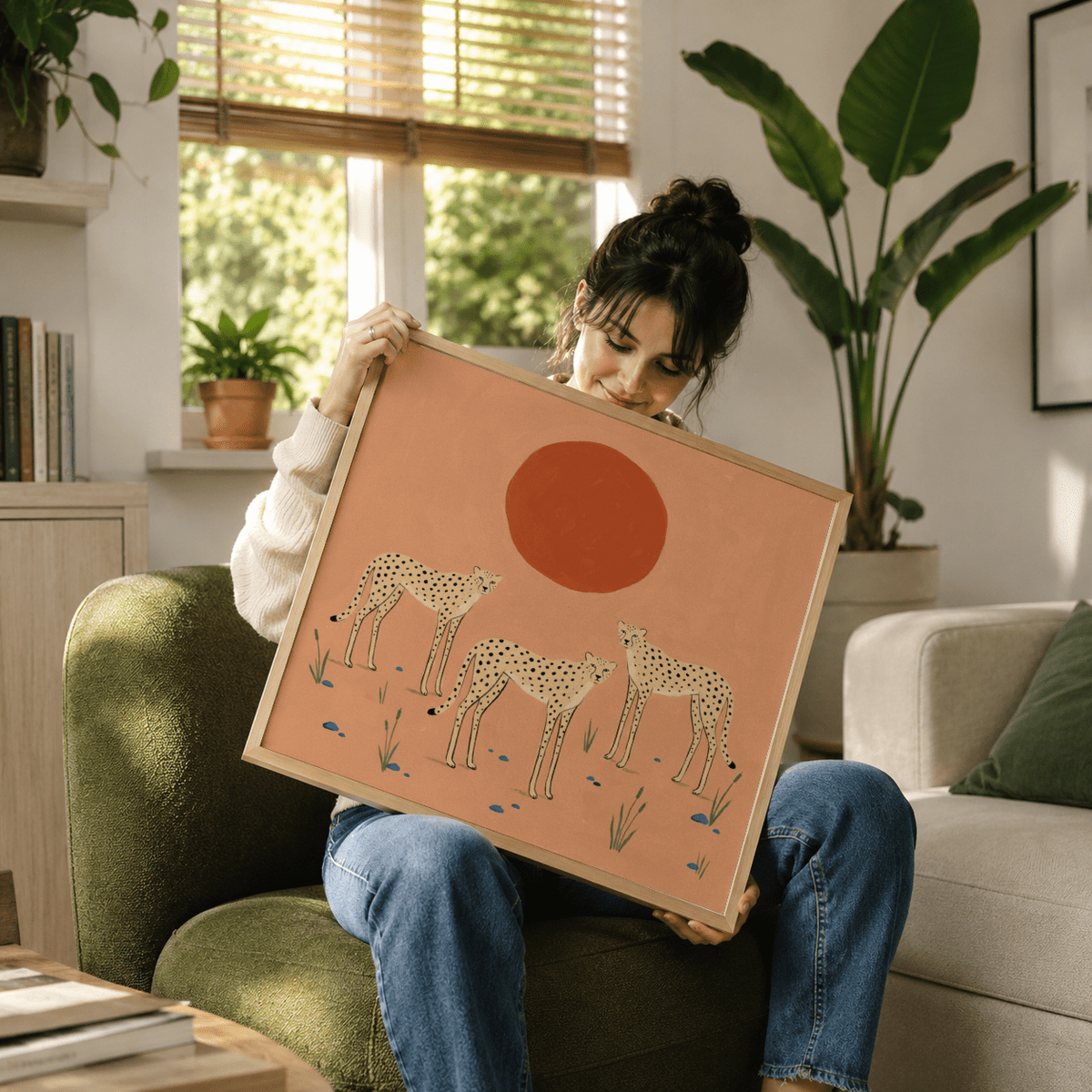 Warm-toned Cheetah Art Print showing three cheetahs on open ground