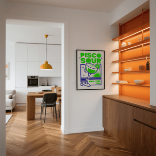Pisco Sour Wall Art print that brings Peruvian flair to your home bar in Green and Blue