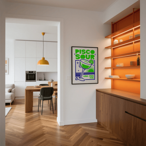 Pisco Sour Wall Art print that brings Peruvian flair to your home bar in Green and Blue