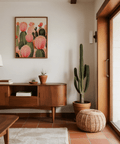 Pink Cactus Print minimalist poster for living room, pink, green, orange
