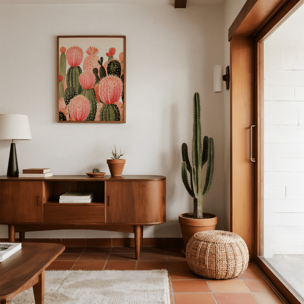 Pink Cactus Print minimalist poster for living room, pink, green, orange