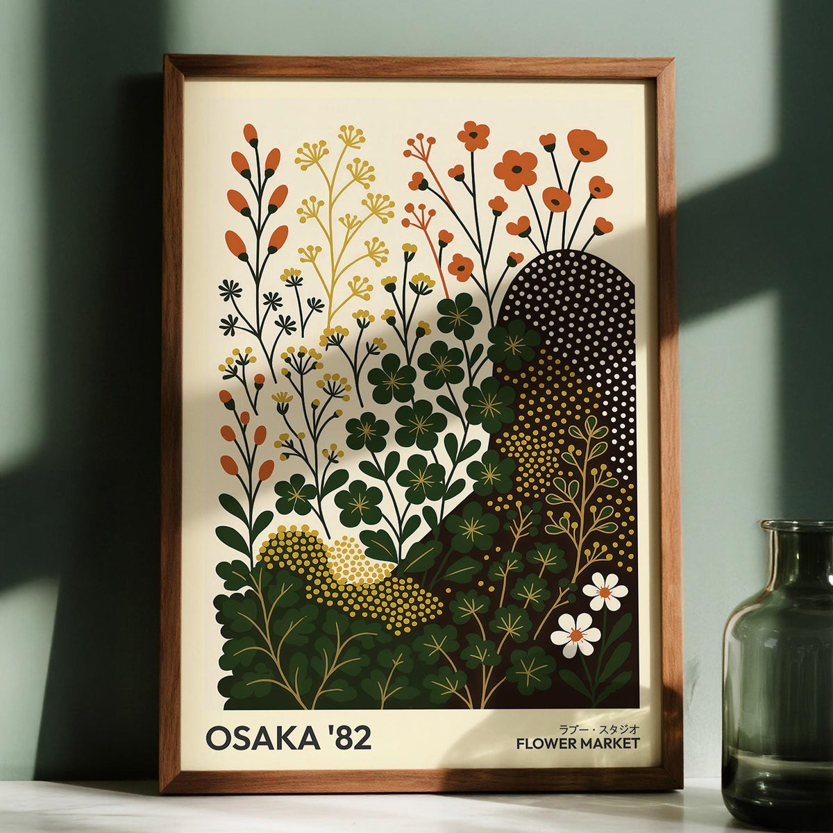 Graphic style modern nature wall art with green and orange plants