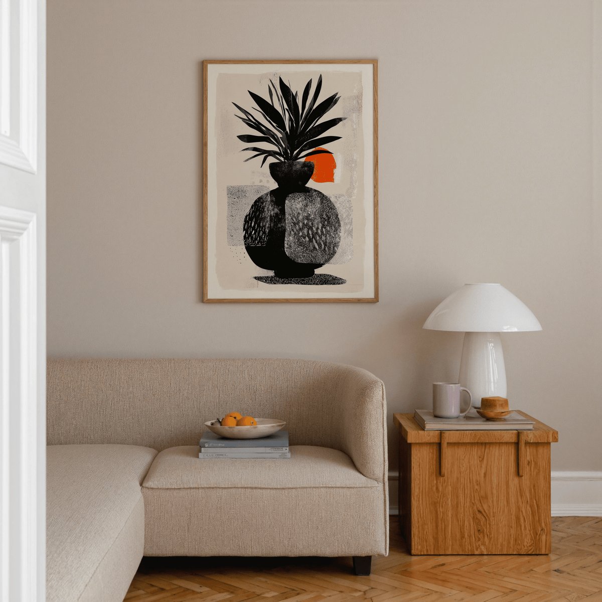 Modern Indian sun plant wall art poster with bold plant silhouette and textured background