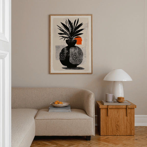 Modern Indian sun plant wall art poster with bold plant silhouette and textured background