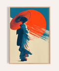 Japanese Geisha Pop Art print with Blue, Red, and Beige in living room wall art