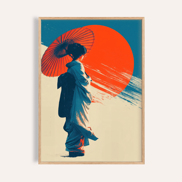 Japanese Geisha Pop Art print with Blue, Red, and Beige in living room wall art