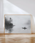Japanese fisherman wall art in black ink showing a solitary boat on a misty lake.