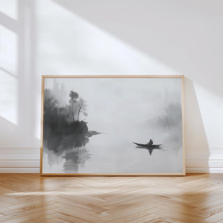 Japanese fisherman wall art in black ink showing a solitary boat on a misty lake.