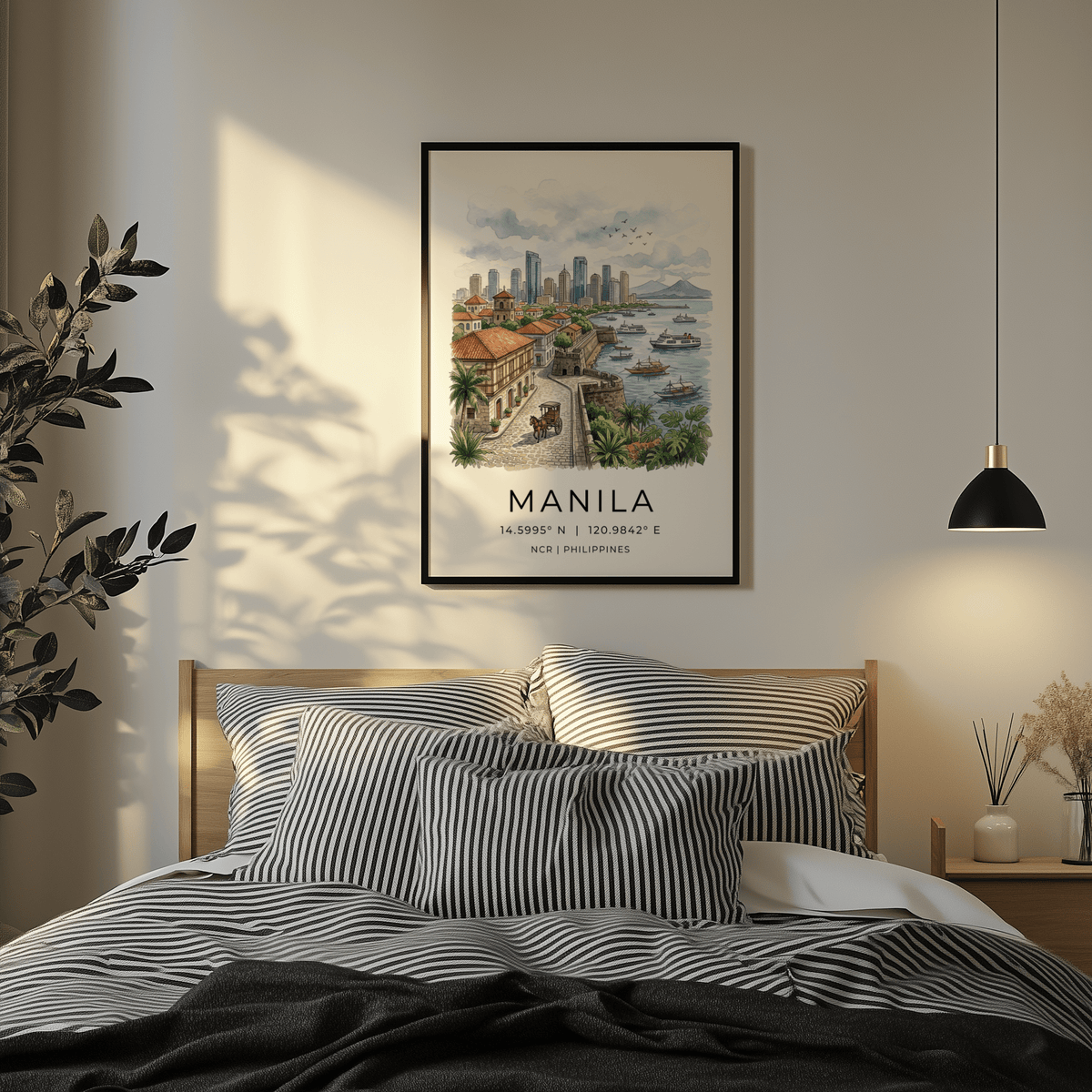 Linework cityscape poster of Manila with clouds, birds, and distant mountain
