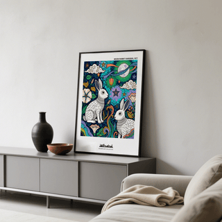Detail view of moon and ribbon band in a multicolored night-sky poster print with stars and clouds