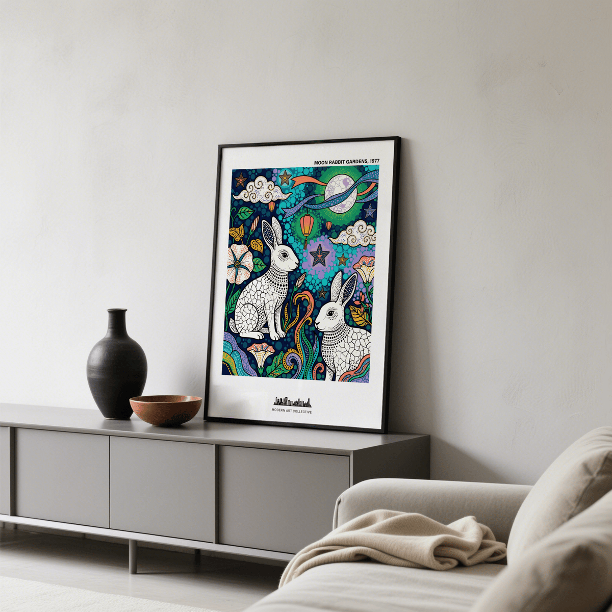 Detail view of moon and ribbon band in a multicolored night-sky poster print with stars and clouds