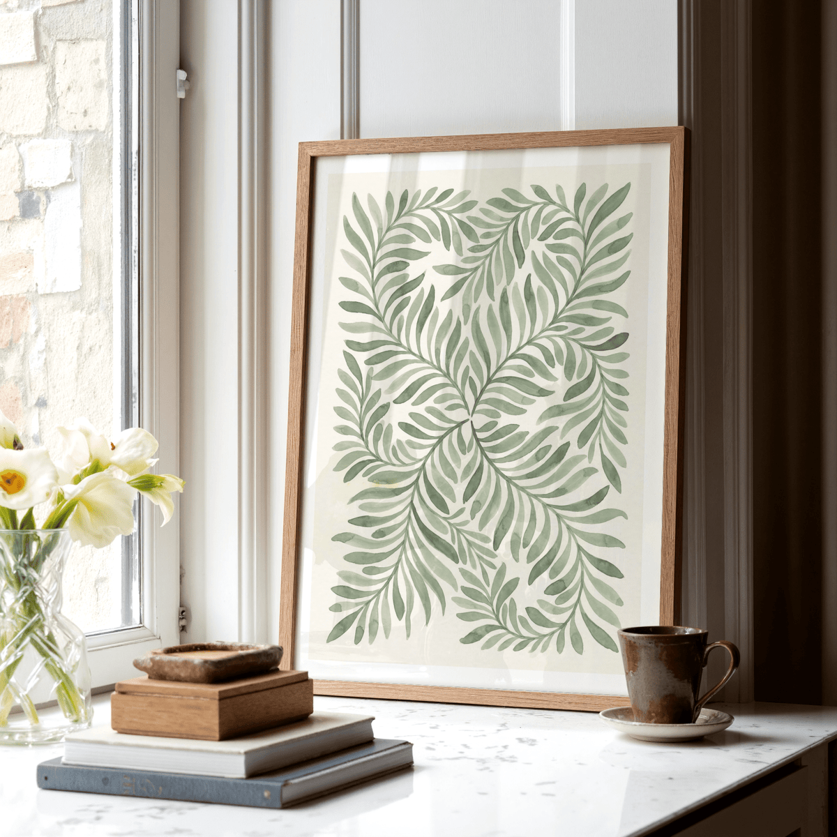 Contemporary Green Leaf Art featuring Green, Beige, and White for office wall art