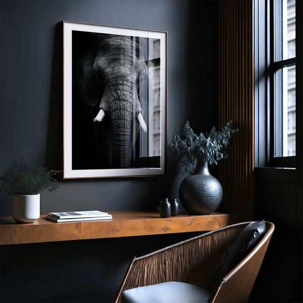 Black and White Elephant Art Print showing elephant face framed tightly