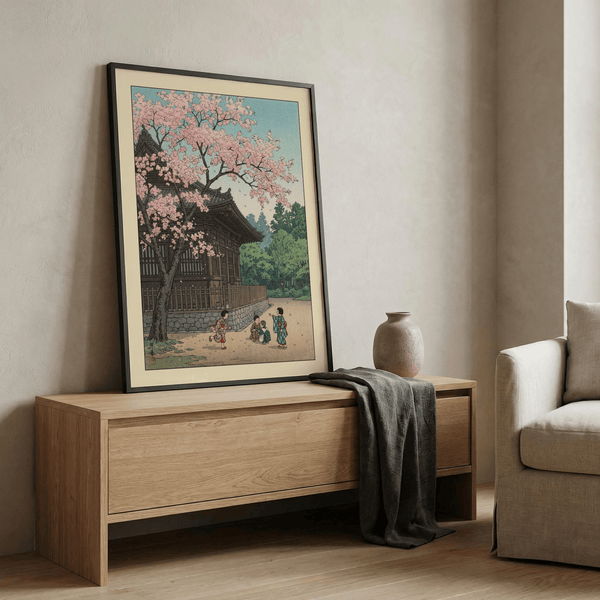 Interior gallery setting featuring Hasui Kawase Poster above a console table