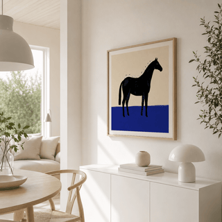 Black Horse Wall Art hanging above wooden console in hallway