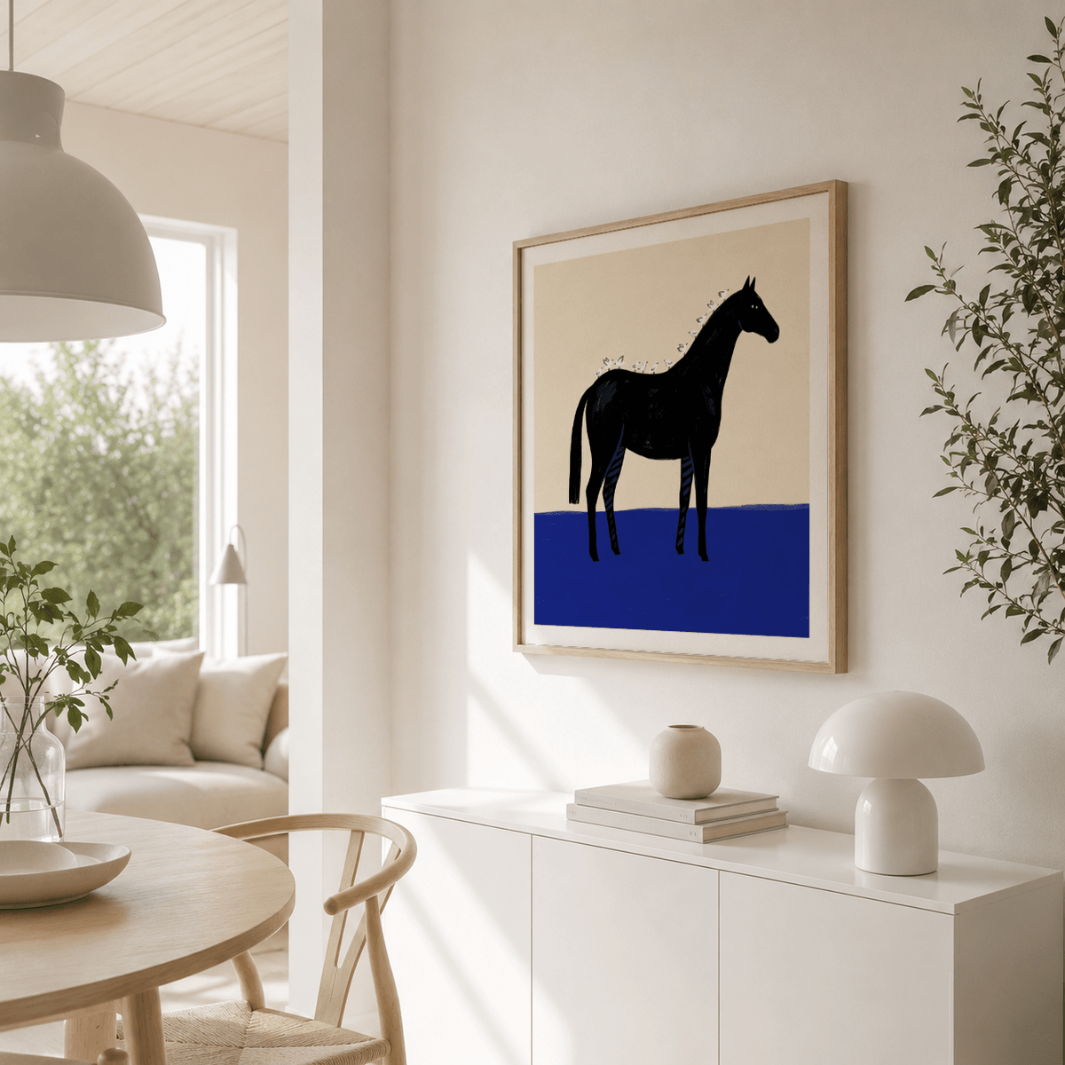 Black Horse Wall Art hanging above wooden console in hallway