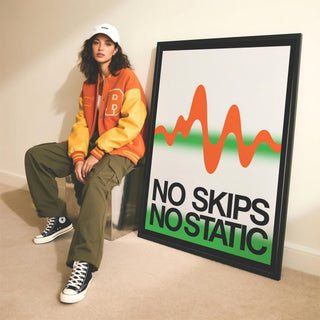 Minimalist retro music poster featuring bold text “No Skips No Static.”